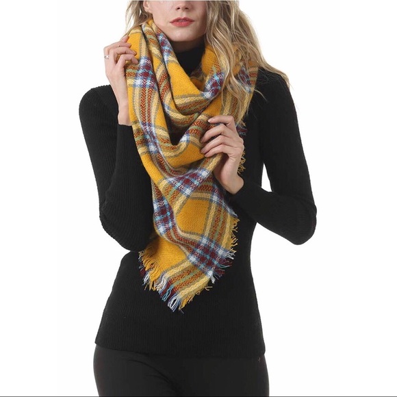Large Tartan Plaid Blanket Scarf Yellow Brown - Picture 2 of 7